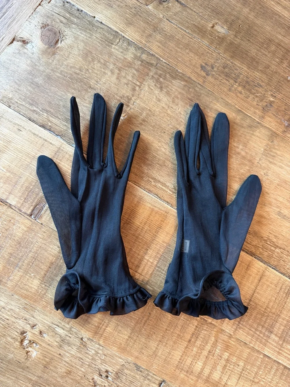 Vintage Fownes Sheer Nylon Black Ruffle Cuff Gloves. Women’s 6/XS USA 50’s 60’s